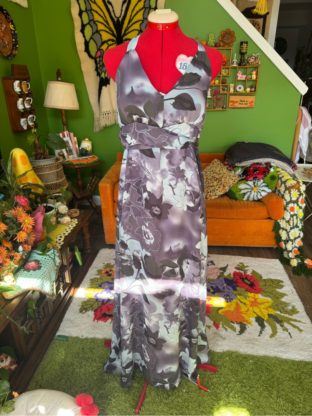 RW&CO. Lavender and Gray Floral Halter Maxi Dress
